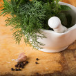 Fresh organic herbs on wooden table