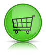 Green glossy web button with shopping cart sign.
