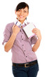 young girl holding pen and notepad, isolated on white background