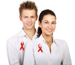 Couple using red for AIDS, isolated on white background