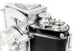 retro old vintage analog photo camera on white