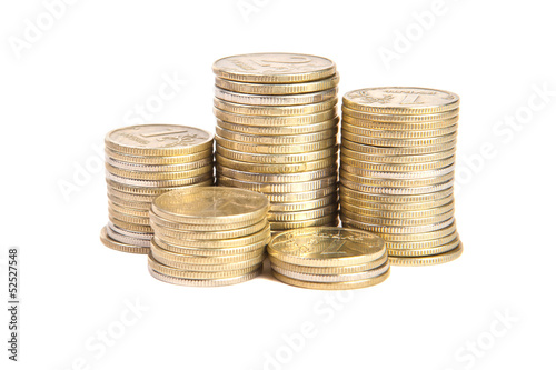 Photo: Stacks of coins on a white background Stacks of coins on a white background