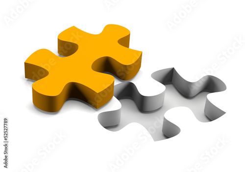 Illustration: Orange puzzle piece solution concept Orange puzzle piece solution concept