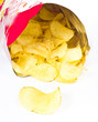 Open bag with potato chips on white background
