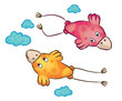 Vector cute birds in clouds.