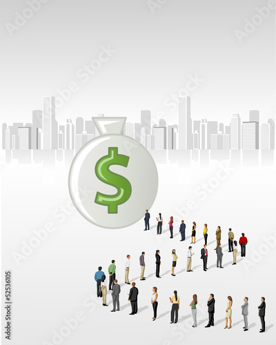 Vector: crowd of business people standing in a line to reach a money bag crowd of business people standing in a line to reach a money bag