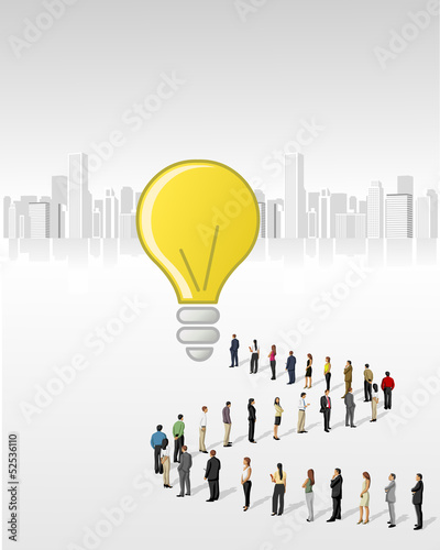 Vector: a crowd of business people standing in a line to reach a idea a crowd of business people standing in a line to reach a idea