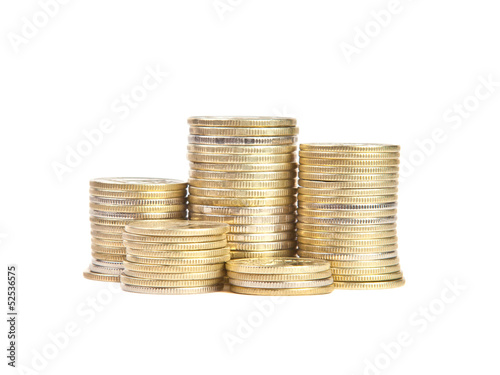 Photo: Stacks of coins on a white background Stacks of coins on a white background