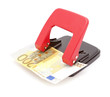 Foto: Two hundred euro money in the Hole Punch Unit. Banking and finan Two hundred euro money in the Hole Punch Unit. Banking and finan