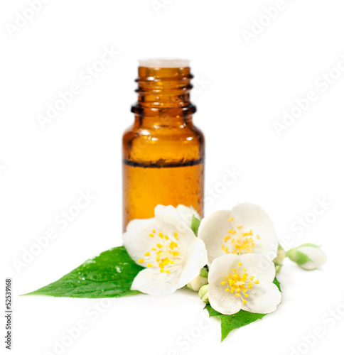 Photo: bottle of essential oil and jasmine flowers bottle of essential oil and jasmine flowers