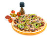 Photo: pizza, spices, olives and ketchup on a white background pizza, spices, olives and ketchup on a white background