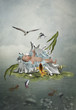 The baby in a the sea shell surrounded by fish and sea gulls