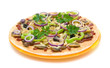 Photo: Appetizing pizza on a plate on a white background Appetizing pizza on a plate on a white background