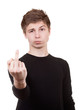 Sullen teenager shows the middle finger
