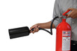 Photo: A man showing how to use fire extinguisher isolated over white b A man showing how to use fire extinguisher isolated over white b
