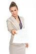 Angry business woman showing document