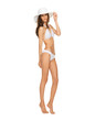 model posing in white bikini with hat