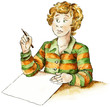 Cartoon art of a teen boy at school daydreaming
