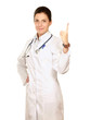 doctor woman pointing up, isolated on white background