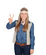 Pretty girl with hippie clothes making the peace symbol