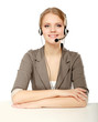 A portrait of a call center employee wearing headset