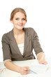Closeup portrait of woman sitting at the desk