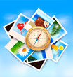 Background  with travel photos and  compass. Vector