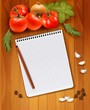 Vektor: Fresh vegetables and spices on a wooden background and notebook Fresh vegetables and spices on a wooden background and notebook
