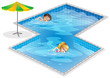 A pool with a boy and a girl swimming