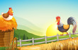 A hen and a rooster in the farm