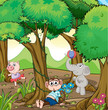 Three different kinds of animals playing at the forest