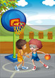 Vector: Two boys playing basketball at the basketball court Two boys playing basketball at the basketball court