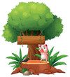 Vector: A pig and a bird above a stump in front of a wooden signboard A pig and a bird above a stump in front of a wooden signboard