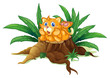 A cat above a stump with leaves