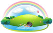 Vektor: A boy swimming at the beach near the hill A boy swimming at the beach near the hill