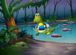 A crocodile with a bouy at the pond