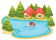 A beach near the pine trees with a boy swimming