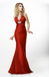 High Fashion. Blonde in Silk Evening Red Gown. Femininity