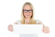 Photo: frau mit brille und hinweisschild frau mit brille und hinweisschild