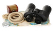 Photo: Black modern binoculars with map of adventure isolated on white Black modern binoculars with map of adventure isolated on white