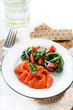Salted salmon with fresh green salad, crisps on side