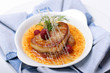 canvas print picture - Foie gras with raspberries syrup.
