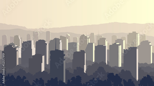 Vector: Illustration of big city at sunset. Illustration of big city at sunset.