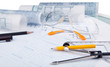 safety glasses and writing equipment of architect