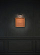 Retro photo frame and lights on a dark wooden grunge wall.