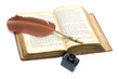 The old open book - the gospel in Old Russian language. white ba