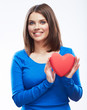 Smiling young woman hold red heart, Valentine day symbol. Girl