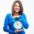 Woman hold watch on white background. Isolated female model.