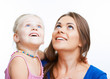 Kid girl isolated portrait with young mother.