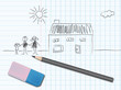 Dessin au crayon sur un cahier : maison